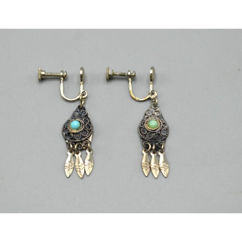 Feather Filigree Fish Screw Back Earrings 925 Sterling Silver Israel 1.75"